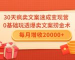 30天疯卖文案速成变现营,0基础玩透爆卖文案捞金术!每月增收20000+-最全资源库