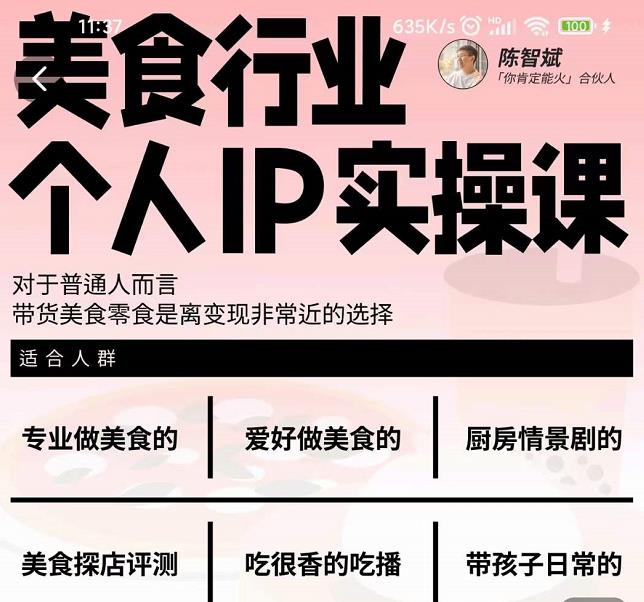 美食行业个人IP实操课,对于普通人而言,带货美食零食是离变现非常近的选择-最全资源库
