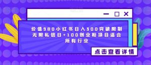 价值980小红书日入300突破限制无限私信日+100创业粉项目适合所有行业-最全资源库
