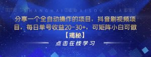 分享一个全自动操作的项目，抖音刷视频项目，每日单号收益20-30+，可矩阵小白可做【揭秘】-最全资源库