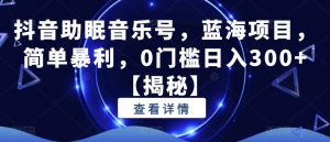 抖音助眠音乐号，蓝海项目，简单暴利，0门槛日入300+【揭秘】-最全资源库
