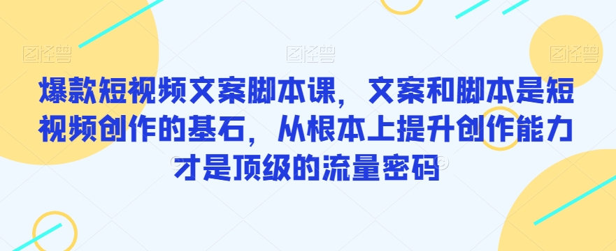 爆款短视频文案脚本课，文案和脚本是短视频创作的基石，从根本上提升创作能力才是顶级的流量密码-最全资源库