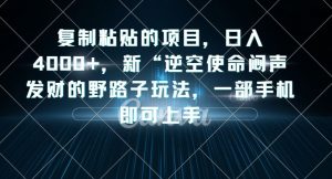 复制粘贴的项目，日入4000+，新“逆空使命“闷声发财的野路子玩法，一部手机即可上手-最全资源库