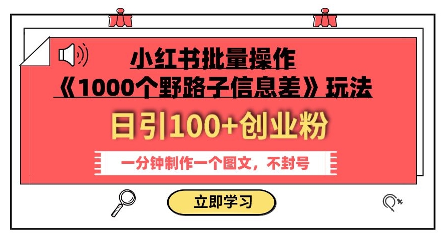 小红书批量操作《1000个野路子信息差》玩法，一分钟制作一个图文，不封号，日引100+创业粉-最全资源库