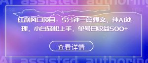 红利风口项目：5分钟一篇爆文，纯AI处理，小白轻松上手，单号日收益500+【揭秘】-最全资源库