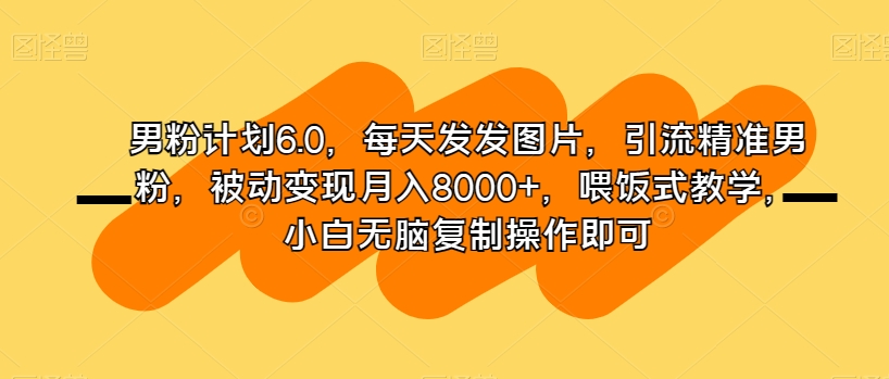男粉计划6.0，每天发发图片，引流精准男粉，被动变现月入8000+，喂饭式教学，小白无脑复制操作即可-最全资源库