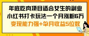年底吃肉项目适合女生的副业小红书打卡玩法一个月涨粉6万+变现能力强+单月收益5位数【揭秘】-最全资源库