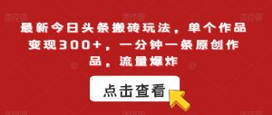 最新今日头条搬砖玩法，单个作品变现300+，一分钟一条原创作品，流量爆炸【揭秘】-最全资源库