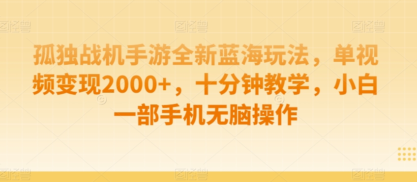 孤独战机手游全新蓝海玩法，单视频变现2000+，十分钟教学，小白一部手机无脑操作【揭秘】-最全资源库