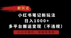 小红书笔记新玩法，日入1000+，多平台搬运变现（不违规），小白可操作，保姆级教程【揭秘】-最全资源库