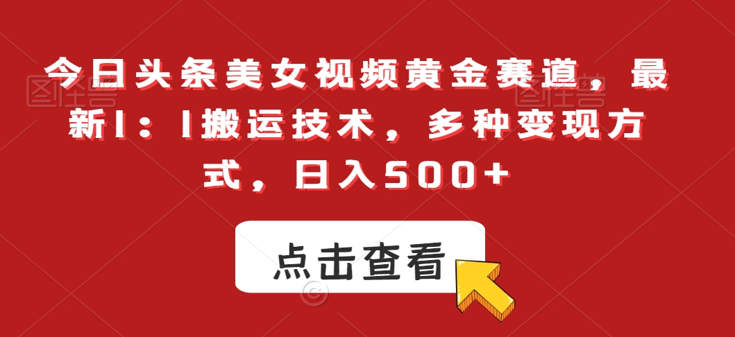 今日头条美女视频黄金赛道，最新1：1搬运技术，多种变现方式，日入500+【揭秘】-最全资源库