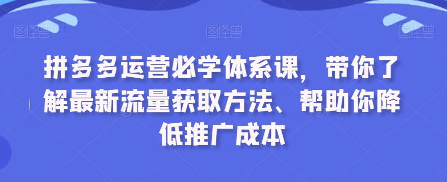 拼多多运营必学体系课，带你了解最新流量获取方法、帮助你降低推广成本-最全资源库