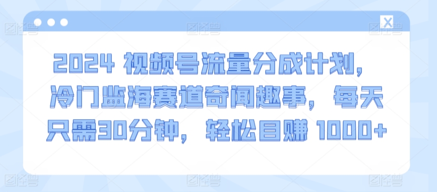 2024视频号流量分成计划,冷门监海赛道奇闻趣事,每天只需30分钟,轻松目赚 1000+【揭秘】-最全资源库