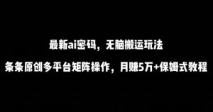 最新ai流量密码，傻瓜式搬运玩法，条条原创，多平台矩阵操作，月赚5万+保姆式教程【揭秘】-最全资源库