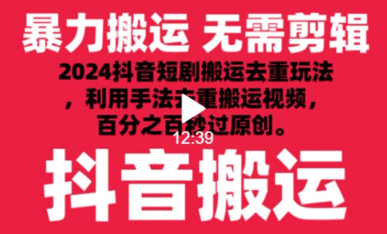 2024最新抖音搬运技术，抖音短剧视频去重，手法搬运，利用工具去重，达到秒过原创的效果【揭秘】-最全资源库