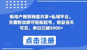 新用户推荐网盘共享+私域平台，无需粉丝即可轻松起号，收益当天可见，单日已破5000+【揭秘】-最全资源库