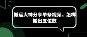 搬运大神分享单条视频,怎样搬出五位数-最全资源库