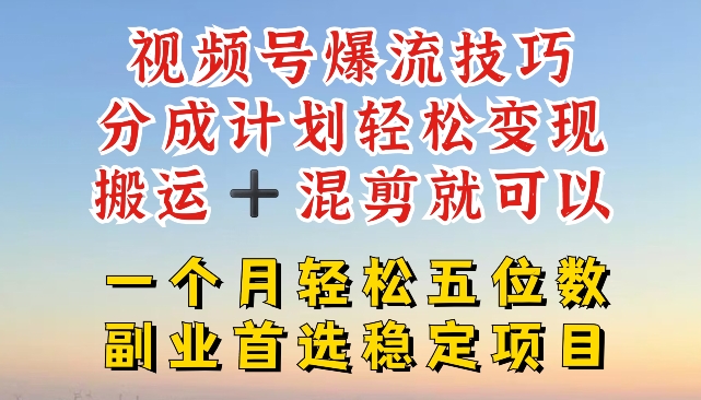 视频号爆流技巧,分成计划轻松变现,搬运 +混剪就可以,一个月轻松五位数稳定项目【揭秘】-最全资源库