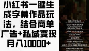 小红书一键生成字幕作品玩法，结合商单广告+私域变现月入1w+【揭秘】-最全资源库