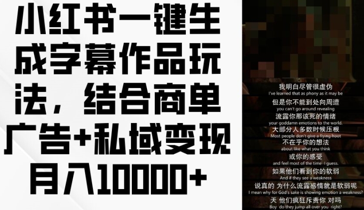 小红书一键生成字幕作品玩法，结合商单广告+私域变现月入1w+【揭秘】-最全资源库