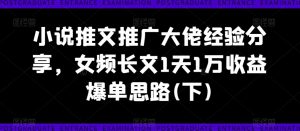 小说推文推广大佬经验分享,女频长文1天1万收益爆单思路(下)-最全资源库