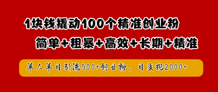 1块钱撬动100个精准创业粉，简单粗暴高效长期精准，单人单日引流500+创业粉，日变现2k【揭秘】-最全资源库
