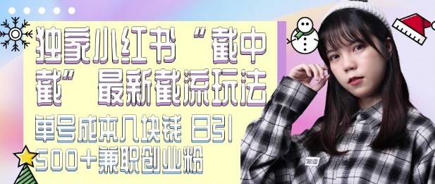 最新小红书截流玩法 独家截中截 单号成本几块钱 日引500+CY粉JZ粉-最全资源库