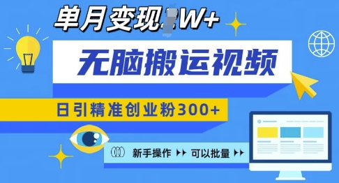 无脑搬运视频号可批量复制，新手即可操作，日引精准创业粉300+，月变现过W 【揭秘】-最全资源库