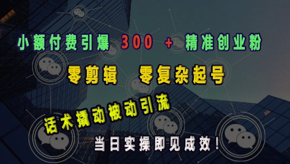 小额付费引爆 300 + 精准创业粉,零剪辑、零复杂起号,话术撬动被动引流,当日实操即见成效-最全资源库