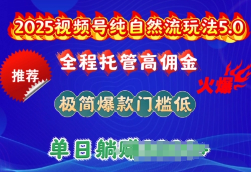 2025视频号纯自然流玩法5.0,全程托管高佣金,极简爆款门槛低,单日收益多张【揭秘】-最全资源库