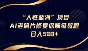 人性蓝海AI老照片修复项目保姆级教程，长期复购，轻松日入5张-最全资源库
