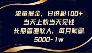 流量掘金,日进粉100+,当天上粉当天见钱,长期管道收入,每月躺挣5k-最全资源库