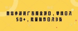 微信小游戏广告掘金项目，单机日入50+，批量操作日入3张-最全资源库