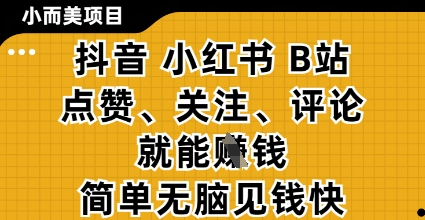 小而美的项目,抖音小红书B站视频点赞、关注、评论就能挣钱,简单无脑立见收益,妥妥的零撸项目【揭秘】-最全资源库