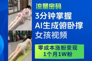 3分钟掌握AI生成俯卧撑女孩视频，零成本涨粉变现，1个月1W粉-最全资源库