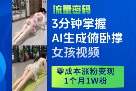 3分钟掌握AI生成俯卧撑女孩视频,零成本涨粉变现,1个月1W粉-最全资源库