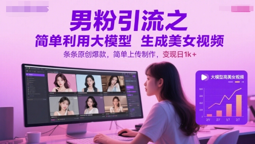 男粉引流之简单利用大模型生成美女视频，条条原创爆款，简单上传制作，变现日1k+-最全资源库