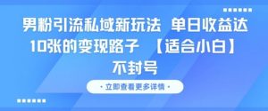 男粉引流私域新玩法，单日收益达10张的变现路子 【适合小白】不封号-最全资源库