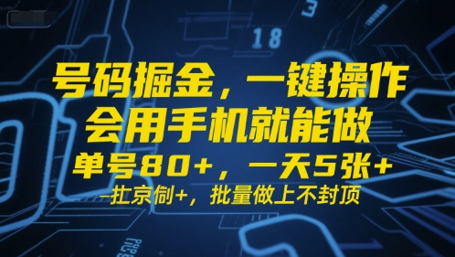 号码掘金,一键操作,会用手机就能做,单号80+,一天5张+,批量做上不封顶【揭秘】-最全资源库