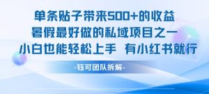 单条贴子带来5张的收益，暑假最好做的私域项目之一，小白也能轻松上手，有小红书就行-最全资源库