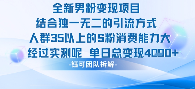 全新男粉变现项目引流人群35以上的男粉消费能力大 经过实测单日变现1k+-最全资源库
