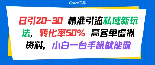 日引 20-30 精准引流私域新玩法，转化率50% 高客单虚拟资料，小白一台手机就能做-最全资源库