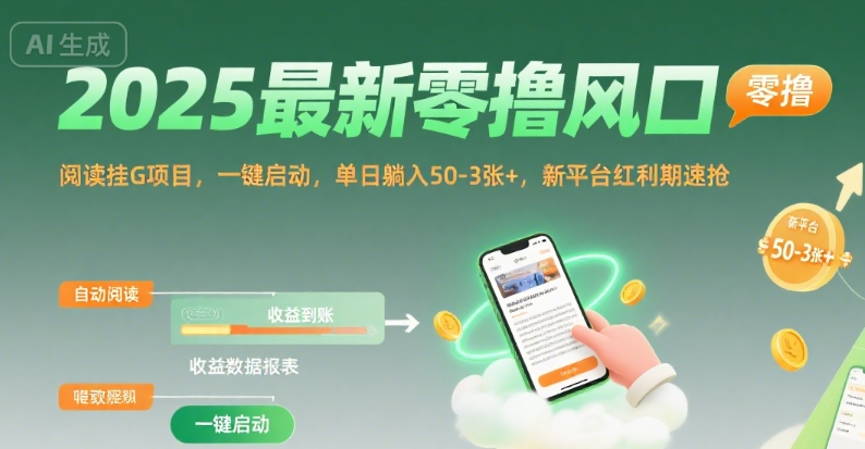 2025最新零撸风口，阅读挂G项目，一键启动，单日躺入 50-3张+，新平台红利期速抢【揭秘】-最全资源库