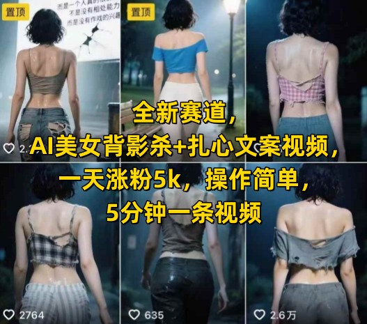 全新赛道，AI美女背影杀+扎心文案视频，一天涨粉5k，操作简单，5分钟一条视频-最全资源库