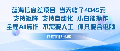 蓝海信息差项目当天收米1k+ 支持矩阵支持自动化小白能操作全程AI操作不需要人工你只要会电脑-最全资源库