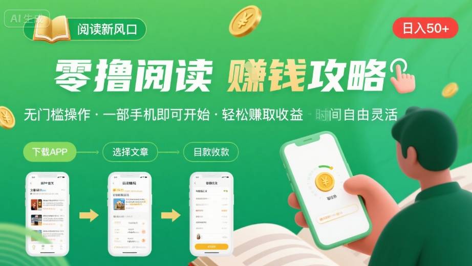 零撸阅读新风口,无门槛轻松挣,一部手机,日入 50-3张【揭秘】-最全资源库