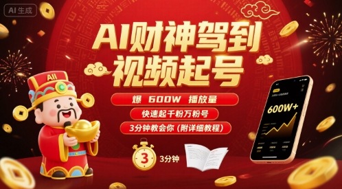 AI财神驾到视频起号，爆600W播放量，快速起千粉万粉号，3分钟教会你(附详细教程)-最全资源库