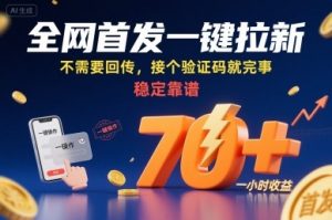 全网首发一键拉新项目，不需要回传，接个验证码就完事，稳定靠谱，一小时收益70+【揭秘】-最全资源库