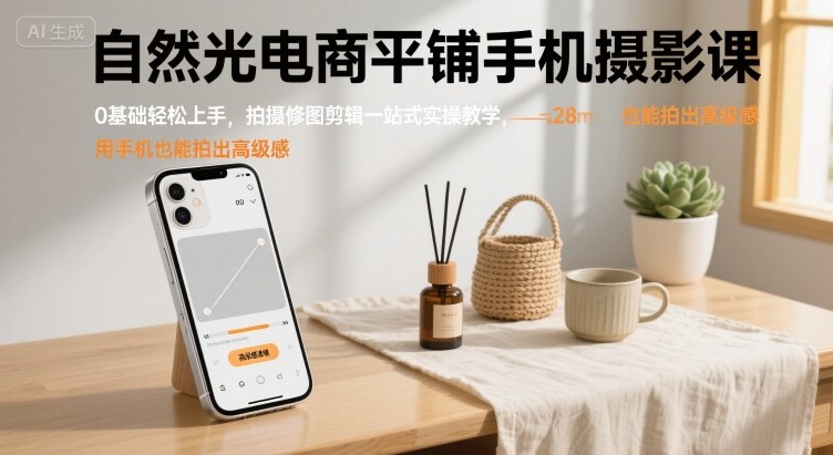 自然光电商平铺手机摄影课,0基础轻松上手,拍摄修图剪辑一站式实操教学,用手机也能拍出高级感-最全资源库