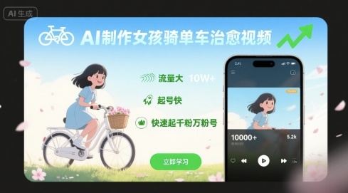 AI制作女孩骑单车治愈视频,流量大,起号快,快速起千粉万粉号-最全资源库